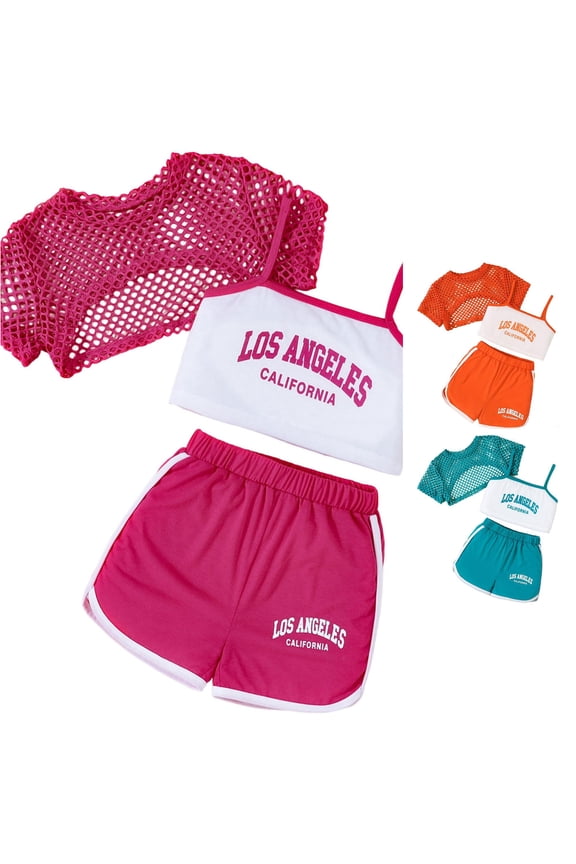 Girls 3 Piece Outfit Sets Tri Color Mesh Smock Letter Top Shorts Suit Vintage Tracksuits Crew Neck Kids Clothing Set Wear