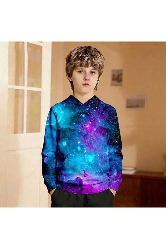 Girls Hoodies Long Sleeve 3D Solar System Graphic Kangaroo Pocket Cute Casual Regular Fit Fall Pullover Sweatshirt