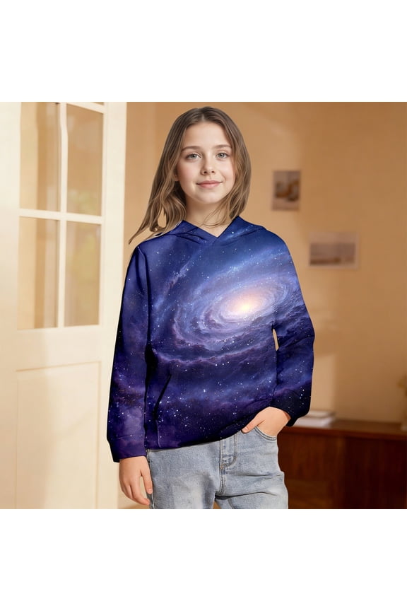 Girls Hoodies Long Sleeve 3D Solar System Graphic Kangaroo Pocket Fashion Casual Loose Fit Fall Pullover Sweatshirt