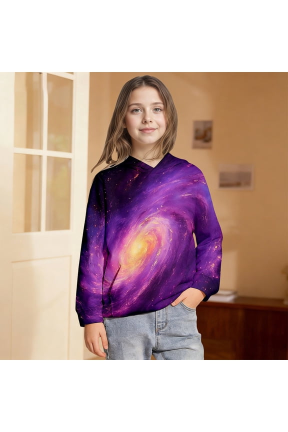 Girls 3D Solar System Graphic Hoodies Long Sleeve Sweatshirt Kangaroo Pocket Sweet Casual Regular Fit Fall Pullover Top