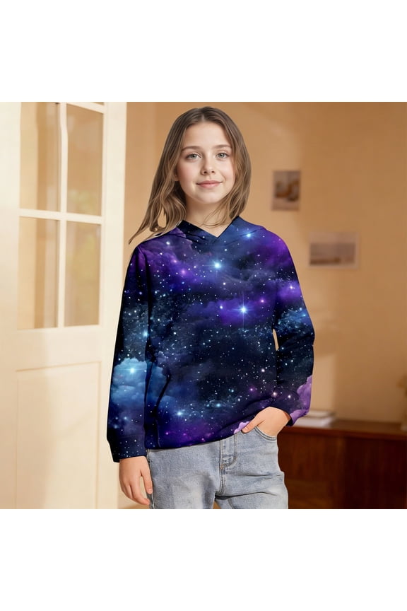 Girls 3D Solar System Graphic Hoodies Long Sleeve Sweatshirt Kangaroo Pocket Vintage Casual Relaxed Fit Fall Pullover Top