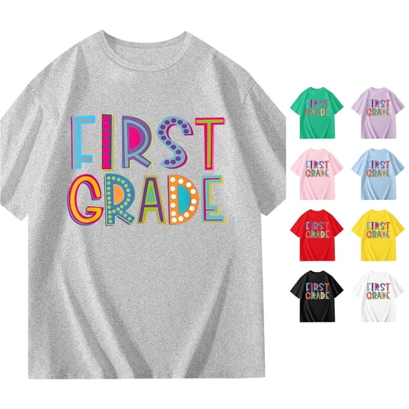 HCYSFG Girls Back To School T Shirts First Grade Letter Colorful School Theme Tees Crewneck Short Sleeve Regular Fit Classroom Outfit Tops