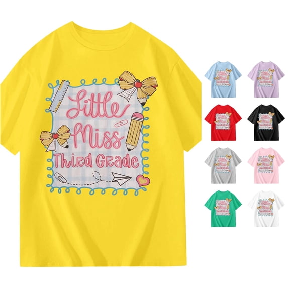 HCYSFG Girls Back To School T Shirts Little Miss Third Grade Letter Crewneck Short Sleeve Tees Pencil Bow Detail Classroom Outfit Tops