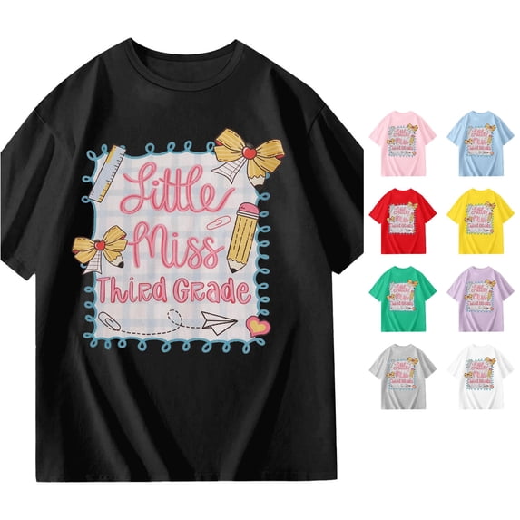 HCYSFG Girls Back To School T Shirts Little Miss Third Grade Letter Crewneck Short Sleeve Tees Pencil Bow Detail Classroom Outfit Tops