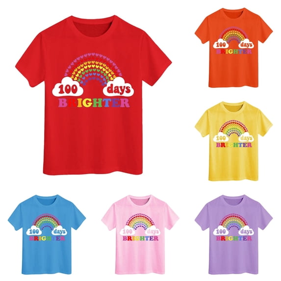 HCYSFG Girls Back To School Top 100 Days Brighter Heart Rainbow Graphic Crewneck Short Sleeve T Shirt Classroom Pullover Tee