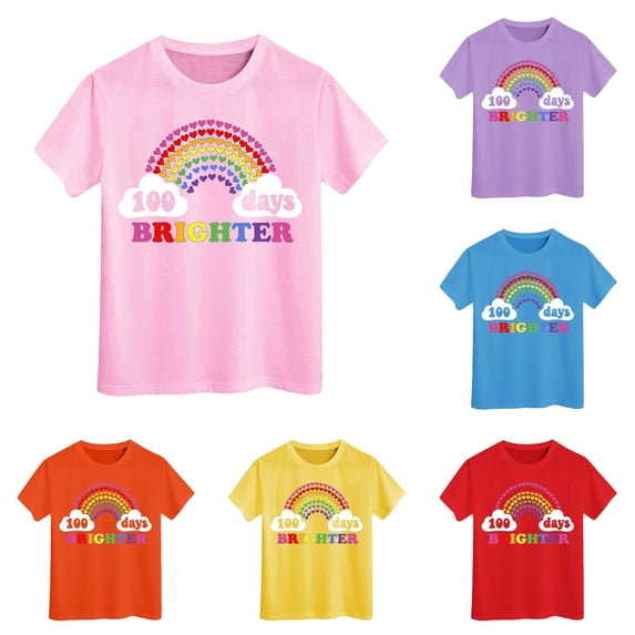 HCYSFG Girls Back To School Top 100 Days Brighter Heart Rainbow Graphic Crewneck Short Sleeve T Shirt Classroom Pullover Tee