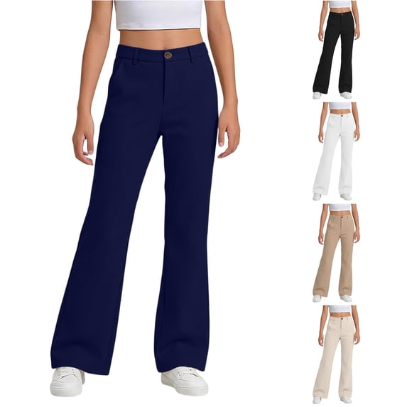 HCYSFG Girls Back To School Uniform Pants High Waisted Flare Leg Button Front Full Length Preppy Dress Slacks Classroom Bottoms