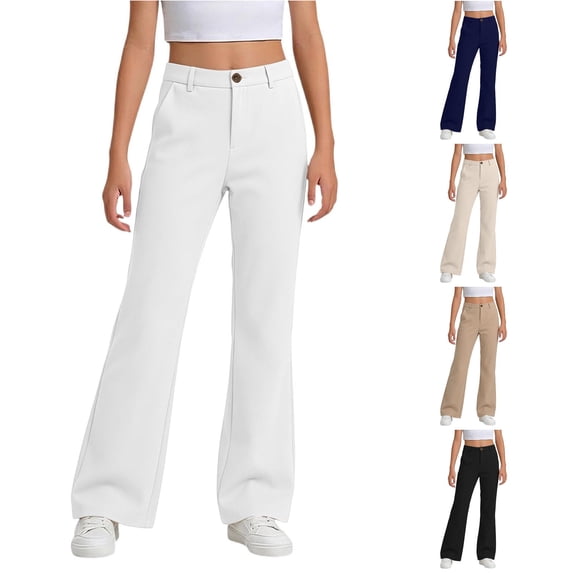 HCYSFG Girls Back To School Uniform Pants High Waisted Flare Leg Button Front Full Length Preppy Dress Slacks Classroom Bottoms