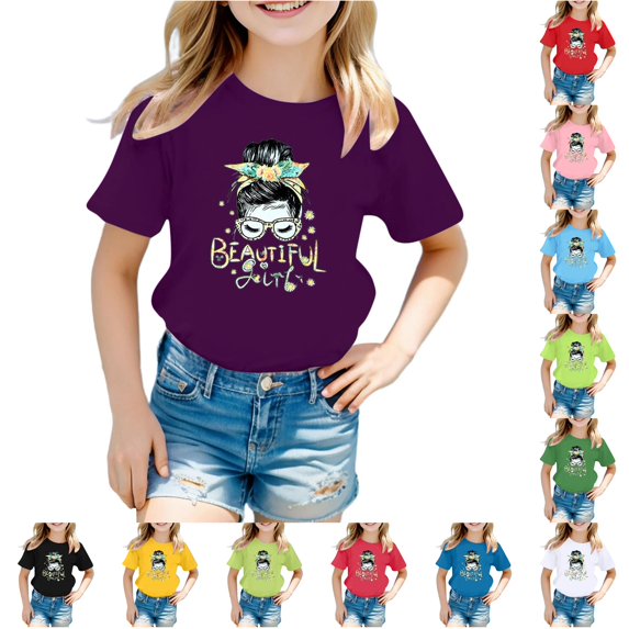 HCYSFG Girls Beautiful Girl T Shirts Glasses Hair Bun Graphic Crewneck Short Sleeve Casual Graphic Tees Playful Summer Tops