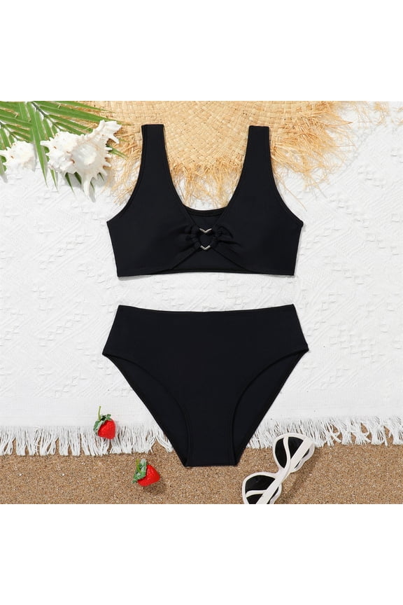 Girls Bikini Set Crew Neck Sleeveless Button Solid Color High Waist 2 Piece Push Up Bra Padded Swimwear Set Kids Bathing Suit Outfit
