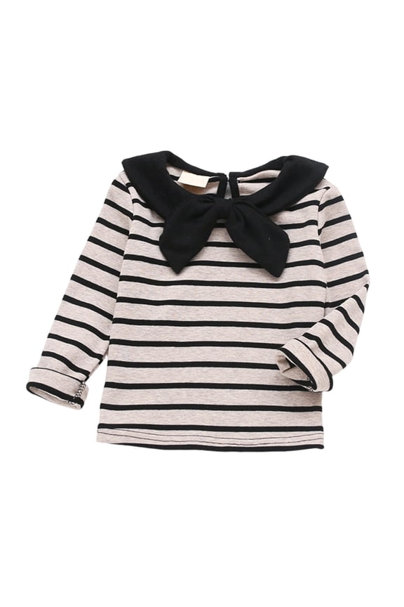 Girls Bow Knot Notch Neck Long Sleeve Tops Striped Pattern Classic Print T-Shirts Stylish Apparel Tees 6M-5Y