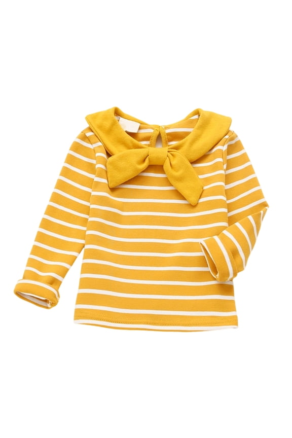 Girls Bow Knot Notch Neck Long Sleeve Tops Striped Pattern Classic Print T-Shirts Stylish Apparel Tees 6M-5Y