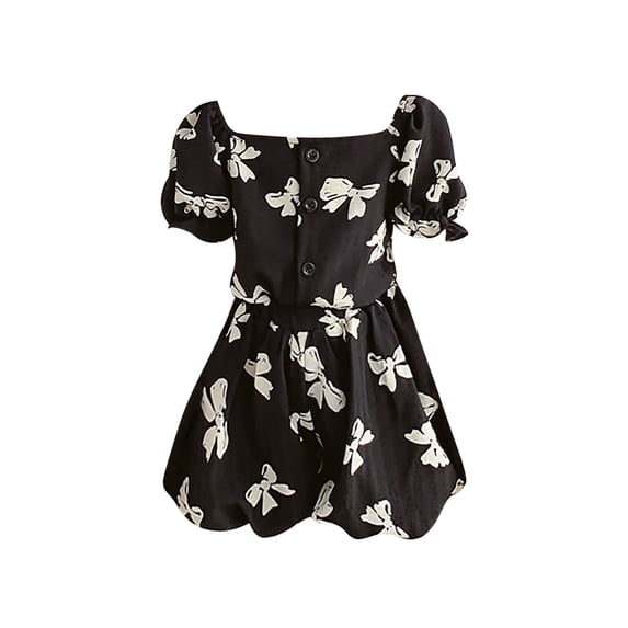 HCYSFG Girls Bow Print Outfit Sets 2 Piece Square Neck Short Puff Sleeve Clothing Sets Button Front Top And Shorts Matching Sets