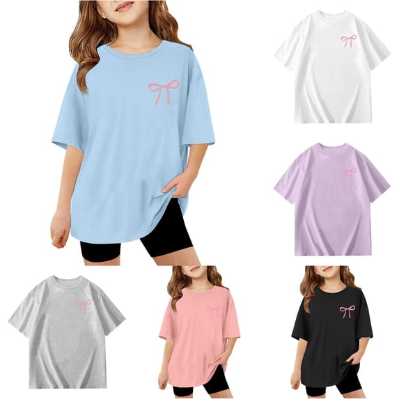 HCYSFG Girls Bow T Shirts Front And Back Ribbon Graphic Crewneck Short Sleeve Loose Fit Sweet Graphic Tees Everyday Summer Tops