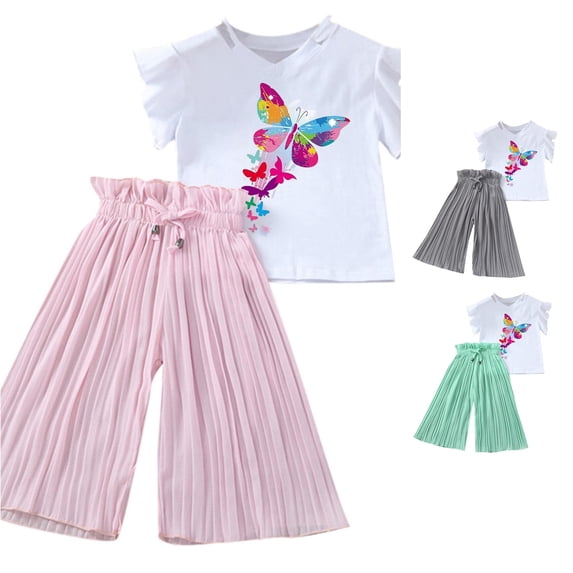 HCYSFG Girls Butterfly Graphic Outfit Sets 2 Piece V Neck Short Flutter Sleeve Clothing Sets Cold Shoulder Tee And Pleated Wide Leg Pants Matching Sets