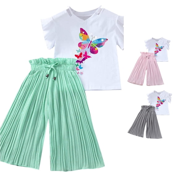 HCYSFG Girls Butterfly Graphic Outfit Sets 2 Piece V Neck Short Flutter Sleeve Clothing Sets Cold Shoulder Tee And Pleated Wide Leg Pants Matching Sets
