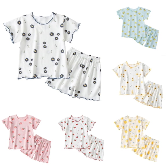 HCYSFG Girls Cartoon Fruit And Floral Print Outfit Sets 2 Piece Lounge Set Round Neck Short Sleeve Top And Shorts Matching Sets