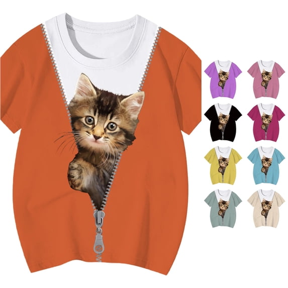 HCYSFG Girls Cat Graphic T Shirt Crew Neck Short Sleeve Layered Cardigan Print Relaxed Fit Casual Tee Summer Top