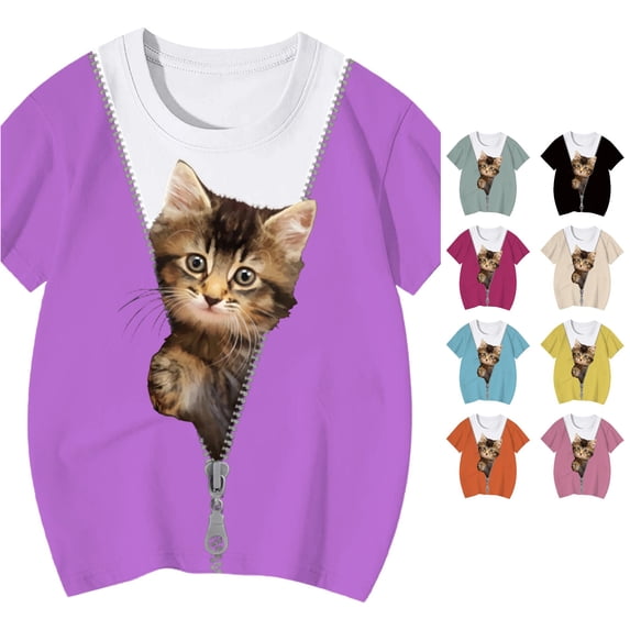 HCYSFG Girls Cat Graphic T Shirt Crew Neck Short Sleeve Layered Cardigan Print Relaxed Fit Casual Tee Summer Top
