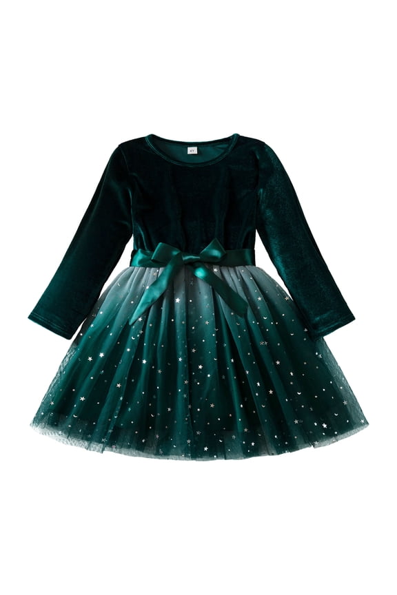 Girls Celestial Dresses Crewneck Long Sleeve Princess Gowns Velvet Bodice Bow Waist Star And Moon Layered Tulle Fit And Flare Knee Length Midi Dress