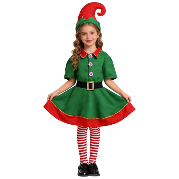 HCYSFG Girls Christmas Costume Sets Elf 2 Piece Short Sleeve Collared Dress Up Outfits Elf Dress And Hat Button Detail Layered Skirt Performance Sets