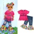 thumbnail image 1 of HCYSFG Girls Clothes Set Crew Neck Fringe Short Sleeve T Shirt Distressed Patchwork Tie Dye Jeans Flare Pants 2 Piece Outfit Set Casual Apparel Set Kids Ages 1-6, 1 of 4