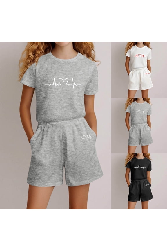 Girls Clothes Set Crew Neck Short Sleeve EKG Line Print Top Shorts 2 Piece Loose Fit Fashion Outfit Set Casual Apparel Set