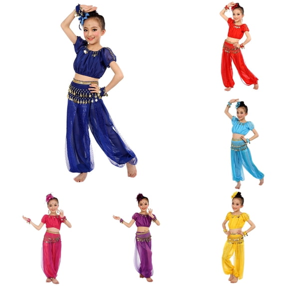 HCYSFG Girls Coin Sequin Costume Sets 3 Piece Off Shoulder Short Sleeve Dress Up Outfits Crop Top Harem Pants And Hip Scarf Performance Sets