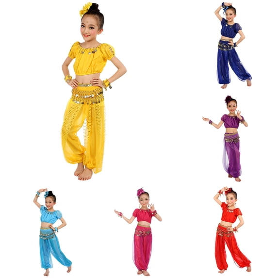HCYSFG Girls Coin Sequin Costume Sets 3 Piece Off Shoulder Short Sleeve Dress Up Outfits Crop Top Harem Pants And Hip Scarf Performance Sets