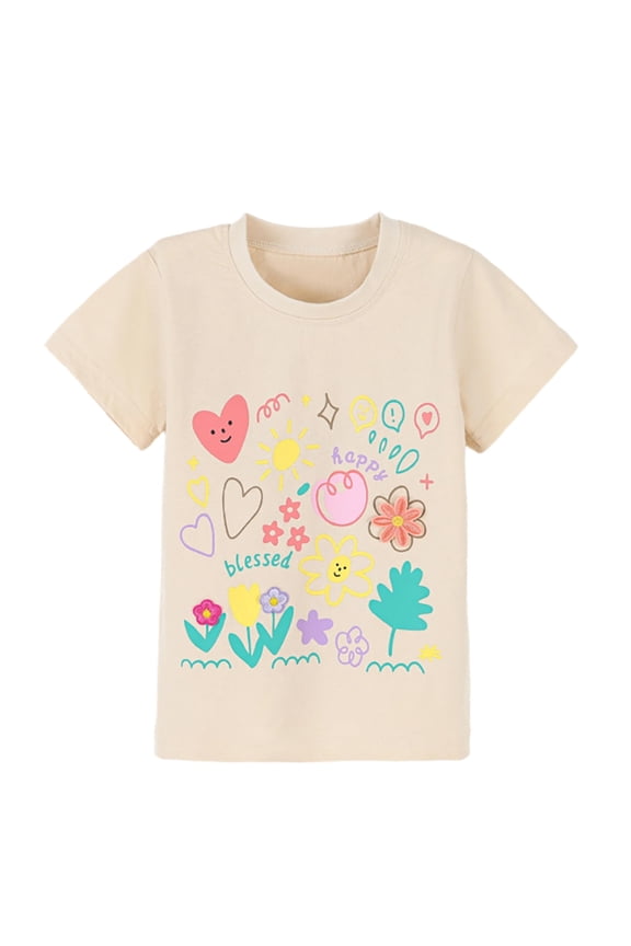 Girls Crew Neck Short Sleeve Tops Floral Blossom Botanical Graphic Print Pullover T-Shirts Sweet Apparel Tees