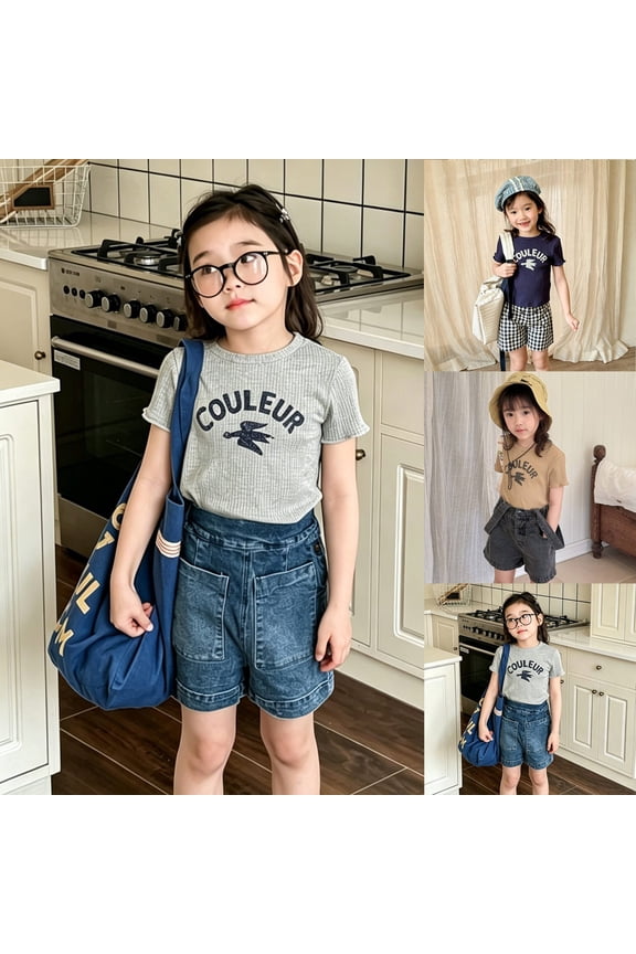 Girls Crew Neck Short Sleeve Tops Monogram Letter Font Layout Graphic Print T-Shirts Fashionable Daily Tees