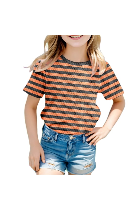 Girls Crew Neck Short Sleeve Tops Retro Breton Striped Layout Texture T-Shirts Casual Apparel Tees 3-16 Years
