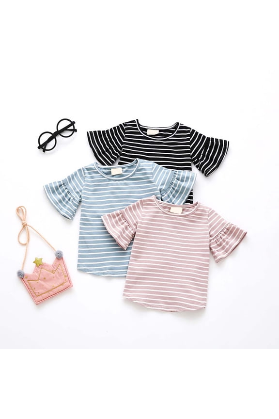 Girls Crew Neck Short Sleeve Tops Striped Pattern Classic Flutter Flare Sleeve T-Shirts Sweet Tees 1-5y