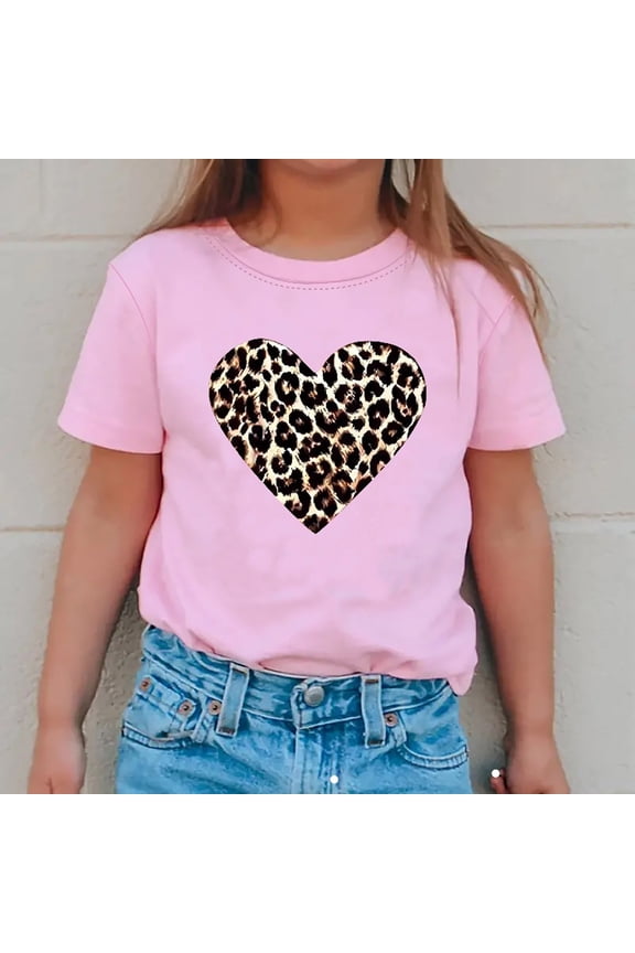 Girls Crew Neck T-Shirts Short Sleeve Trendy Leopard Cheetah Heart Pattern Tees Casual Summer Outfits for Toddlers 1-8T