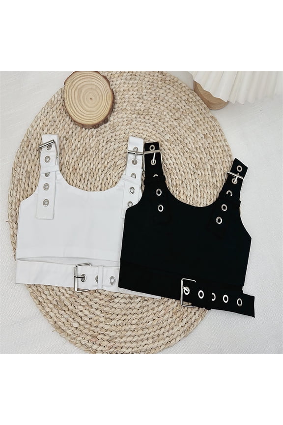 Girls Crop Crew Neck Sleeveless Tops Utilitarian Cargo Style Solid Plain Color T-Shirts Tactical Tactical Vest Tank Tees