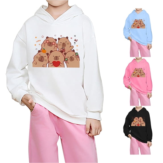 HCYSFG Girls Cute Capybara Print Hoodies Long Sleeve Sweatshirt Kangaroo Pocket Spring Fall Outdoor Play Lightweight Loose Pullover Top