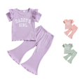 thumbnail image 1 of HCYSFG Girls Daddys Girl Outfit Sets 2 Piece Crewneck Short Ruffle Sleeve Clothing Sets Ribbed Top And Flare Pants Matching Sets, 1 of 6