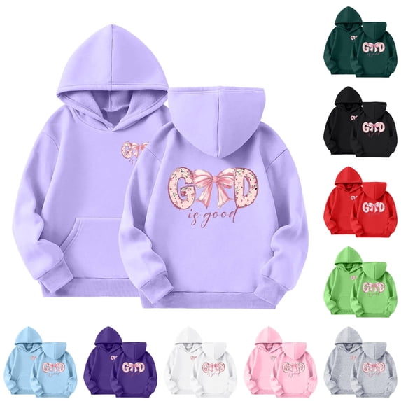 HCYSFG Girls Faith Hoodies God Is Good Bow Graphic Hooded Long Sleeve Sweatshirts Kangaroo Pocket Ribbed Relaxed Fit Pullover Tops