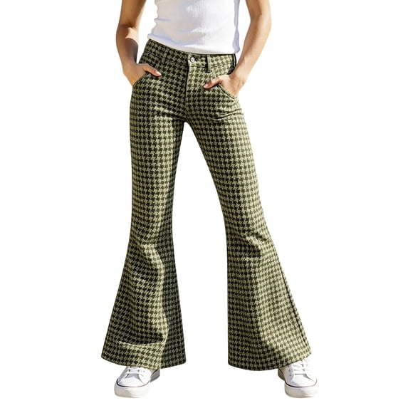 HCYSFG Girls Flare Pants Houndstooth Print High Waist Bell Bottoms Button Front With Pockets Belt Loops Full Length Retro Trousers