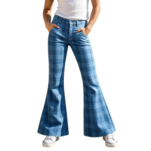 HCYSFG Girls Flare Pants Plaid Print High Waisted Bell Bottoms Button Front Belt Loops With Pockets Full Length Casual School Trousers