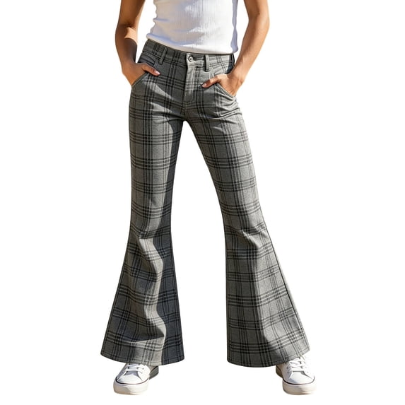 HCYSFG Girls Flare Pants Plaid Print High Waisted Bell Bottoms Button Front Belt Loops With Pockets Full Length Casual School Trousers