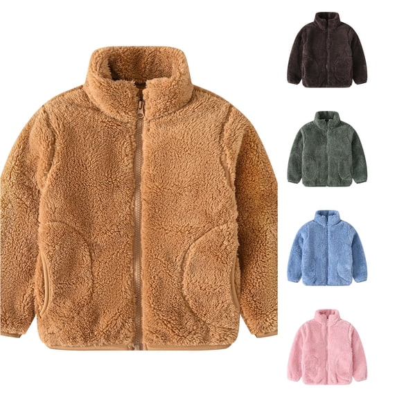 HCYSFG Girls Fleece Jackets Stand Collar Long Sleeve Full Zip Side Pockets Elastic Cuffs Relaxed Fit Winter Coat Warm Tops