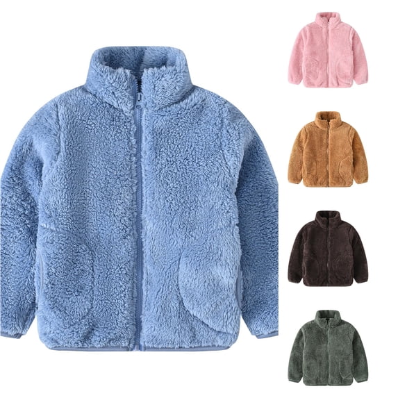 HCYSFG Girls Fleece Jackets Stand Collar Long Sleeve Full Zip Side Pockets Elastic Cuffs Relaxed Fit Winter Coat Warm Tops
