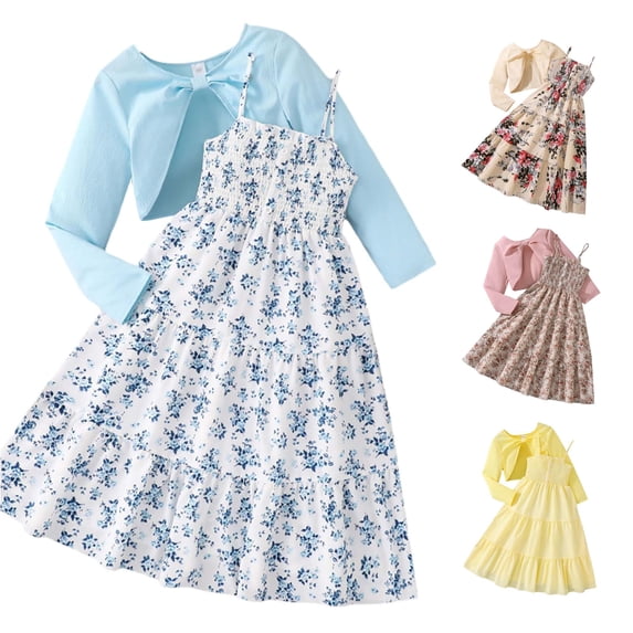 HCYSFG Girls Floral Print Dress Sets 2 Piece Square Neck Sleeveless Smocked Midi Dress And Cropped Bolero Clothing Sets Bow Detail Matching Sets