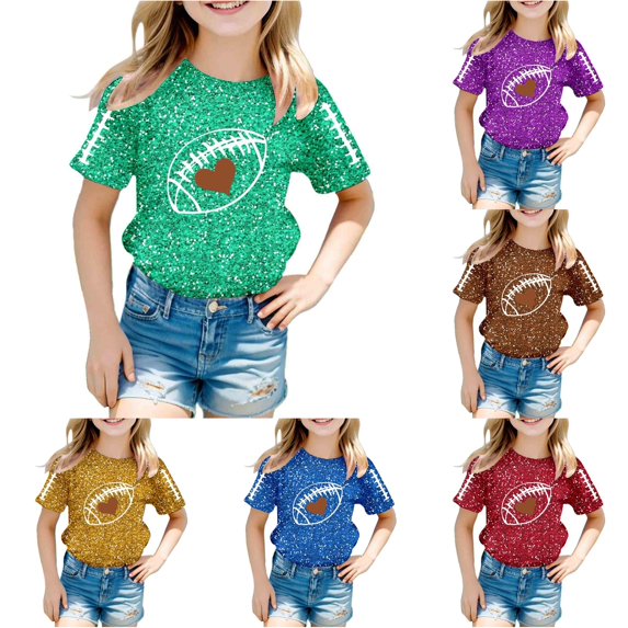 HCYSFG Girls Football T Shirts Heart Graphic Glitter Print Crewneck Short Sleeve Match Day Graphic Tees Casual Sports Tops