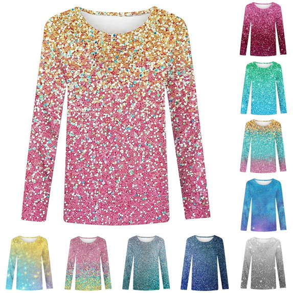 HCYSFG Girls Glitter Print T Shirts Crewneck Long Sleeve Sparkle Effect Graphic Regular Fit Casual Blouse Everyday Tops