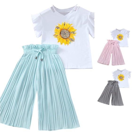HCYSFG Girls Graphic Print Outfit Sets 2 Piece Short Flutter Sleeve Cold Shoulder Clothing Sets T Shirt And Pleated Wide Leg Pants Matching Sets