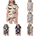 thumbnail image 1 of HCYSFG Girls Halloween Pajama Sets Print 2 Piece Notch Neck Short Sleeve Contrast Piping Lounge Set Button Front Shirt And Shorts Sleepwear Sets, 1 of 5