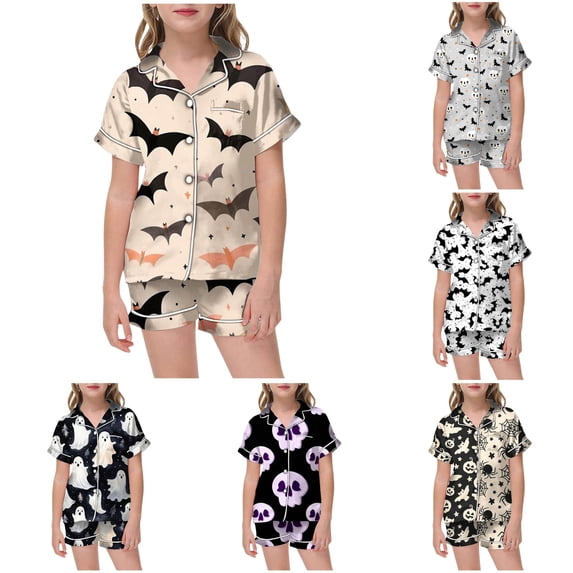 HCYSFG Girls Halloween Pajama Sets Print 2 Piece Notch Neck Short Sleeve Contrast Piping Lounge Set Button Front Shirt And Shorts Sleepwear Sets