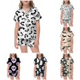 thumbnail image 1 of HCYSFG Girls Halloween Pajama Sets Print 2 Piece Notch Neck Short Sleeve Contrast Piping Lounge Set Button Front Shirt And Shorts Sleepwear Sets, 1 of 5